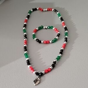 Fashion Jewelry Red, Green, Black, and Silver Beaded Necklace Set